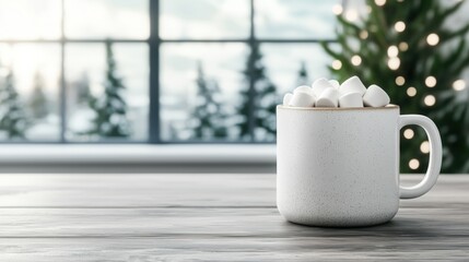 Cozy mug filled with marshmallows, winter ambiance, festive decor in the background.