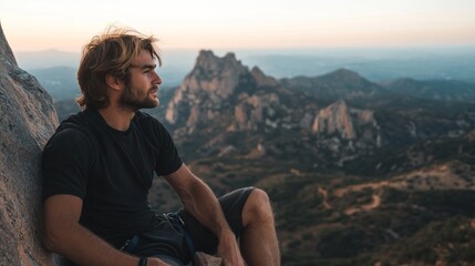 Naklejka premium Authentic image of a climber in a black shirt resting on a ledge and looking out at the horizon