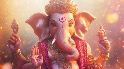 Lord Ganesha Diwali Celebration Indian God Hinduism Religion Tradition Spirituality Golden Background Festive Decorated Statue Blessings Prosperity Wealth Good Fortune
