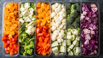 Colorful variety of chopped vegetables in containers, vibrant healthy meal prep.