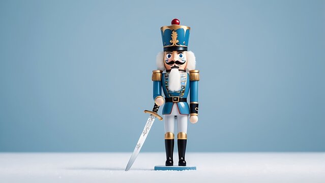 Elegant blue nutcracker soldier figure with silver sword posed majestically against minimalist background