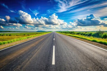 Fototapeta premium disappearing, transportation, motion, open road, road, Empty asphalt highway with a straight track disappearing into the distance creating a forced perspective effect