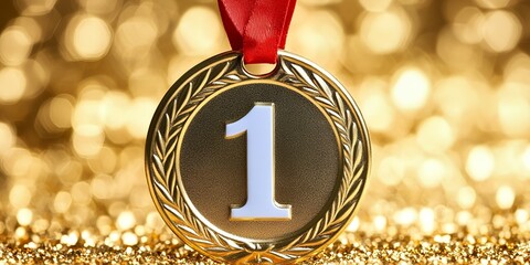 A gold medal with a red ribbon.