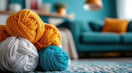 A cozy setting with brightly colored yarn balls placed thoughtfully against a blurred background of a modern living room, evoking warmth and creativity.