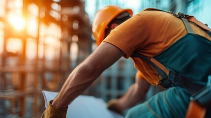 A construction worker in an orange hard hat and gloves studies plans on a building site at sunset, showcasing diligence and the early 21st-century industrial style.