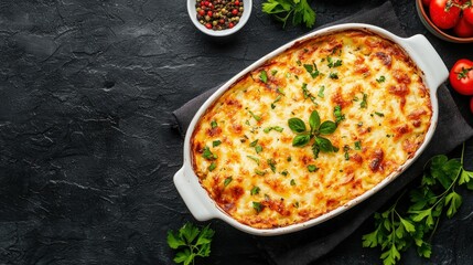 Delicious baked casserole with cheese, herbs, and fresh vegetables on a dark textured surface.