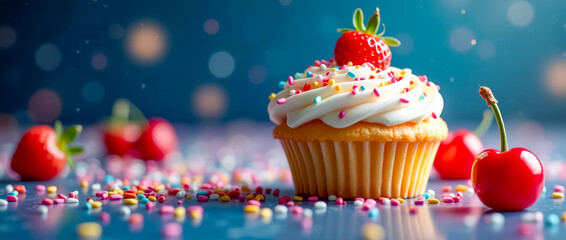 A delicious cupcake sits prominently on a blue surface, adorned with fluffy frosting, a cherry, and vibrant sprinkles. Colorful candies are spread around it, enhancing its appeal