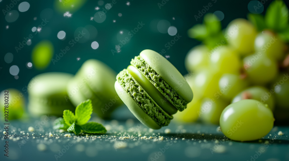 Poster a cluster of fresh green macarons is beautifully arranged with mint leaves and grapes, creating an i
