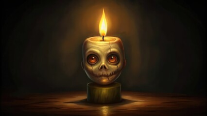 A Burning Candle Shaped Like a Skull with Orange Eyes