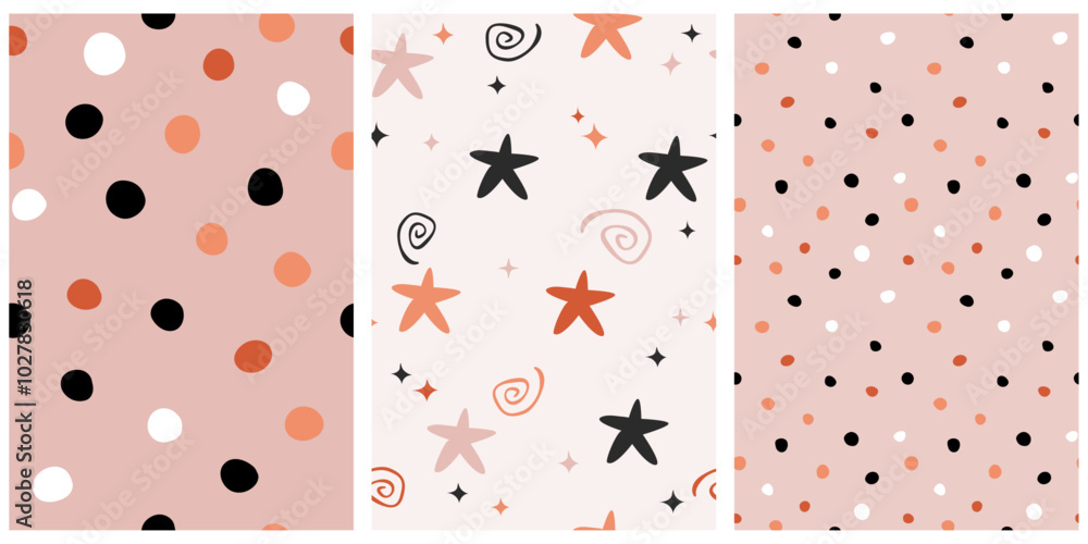 Poster Backgrounds made from polka dots, stars and spirals. A set of three variants of a simple pattern.