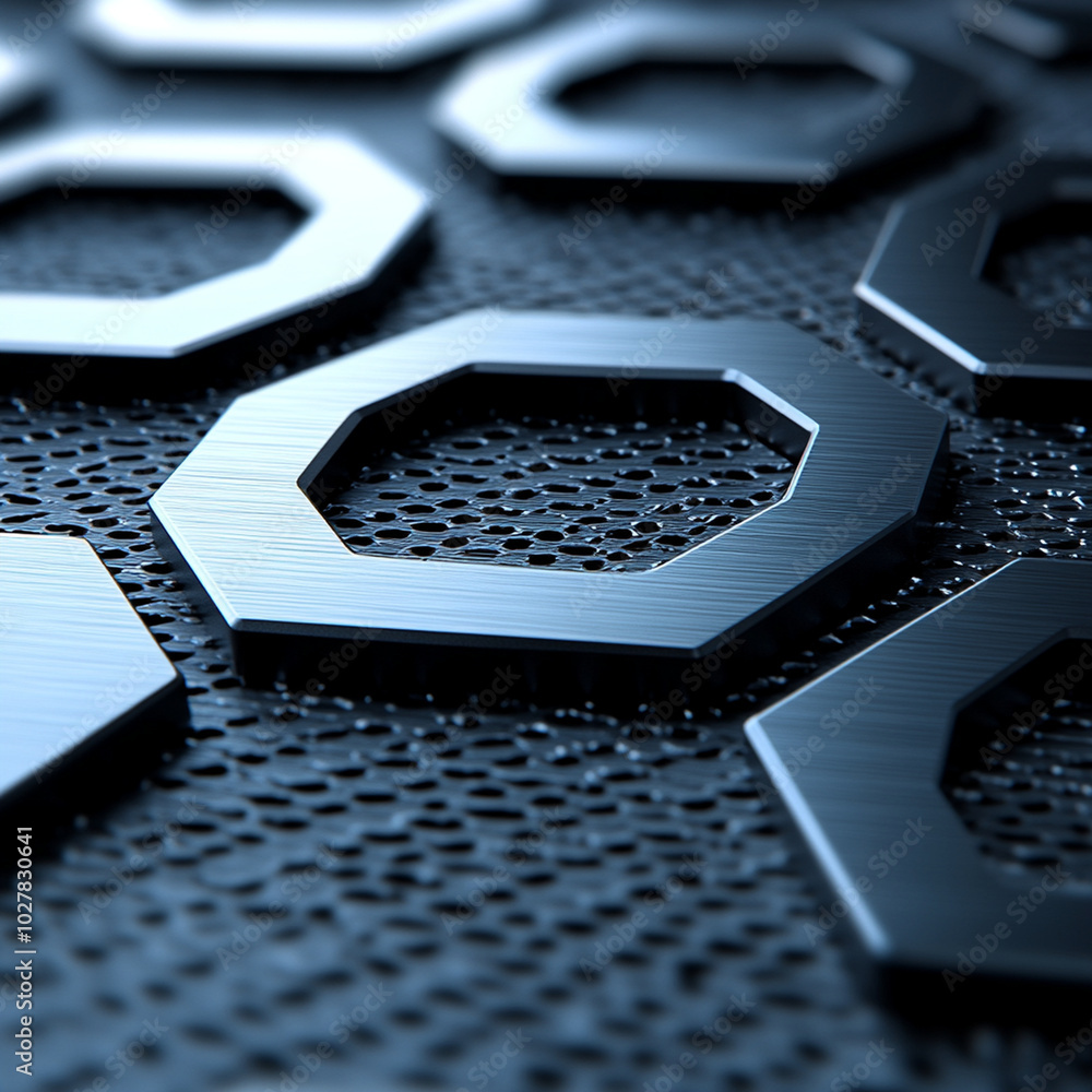 Poster metallic hexagons with light reflections create striking visual effect on textured surface, showcasi