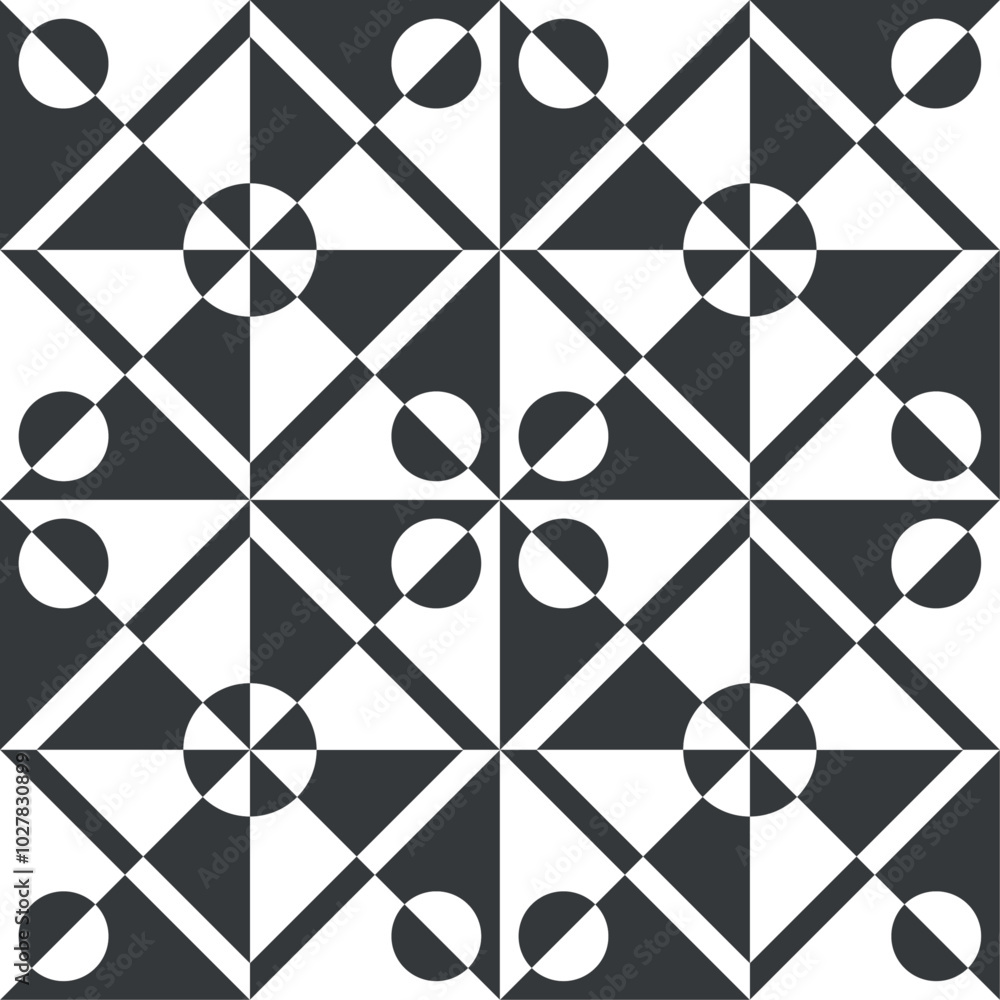Poster Checkerboard pattern combined with circles and diamonds. Abstract tiles of black and white geometric shapes.