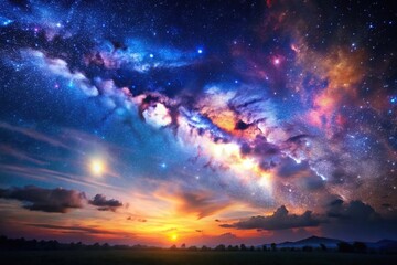 Obraz premium A stock photo showcasing the beauty of a night sky with a nebula and galaxy background capturing the serene and mesmerizing ambiance of outer space, tranquility, infinite, ethereal, galactic