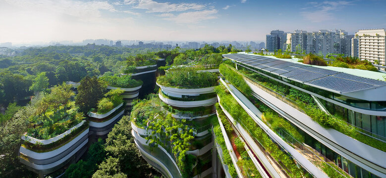 *Architettura sostenibile*: immagini di edifici ecologici, giardini verticali o tetti verdi.
