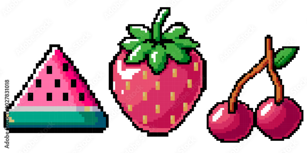 Poster set of pixel fruits. watermelon, strawberry and cherry made from pixels.