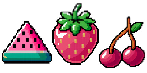 Set of pixel fruits. Watermelon, strawberry and cherry made from pixels.