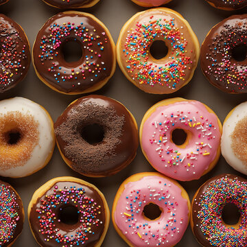 Close-up of colorful donuts with sprinkles and chocolate, seamless pattern