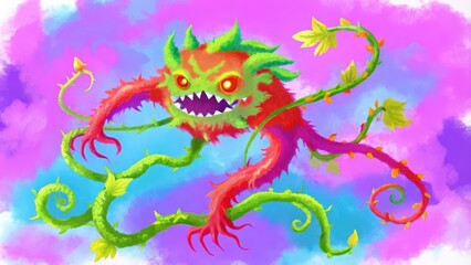 A Cartoon Monster Made of Vines and Flowers
