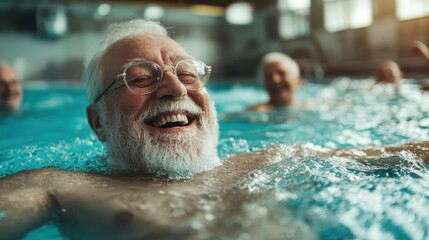 A senior man is captured in a moment of bliss while swimming, embodying relaxation and joy in an indoor pool setting with bright, inviting atmosphere.