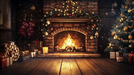 Obraz premium Christmas background with festive ornaments and a glowing fireplace