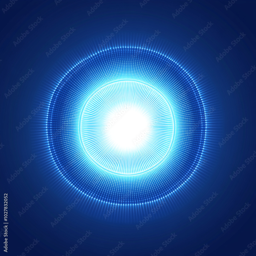 Poster bright blue light emanating from central point, creating radiant circular pattern against deep blue 
