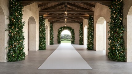 Fototapeta premium Elegant corridor adorned with greenery, leading to a serene outdoor view.