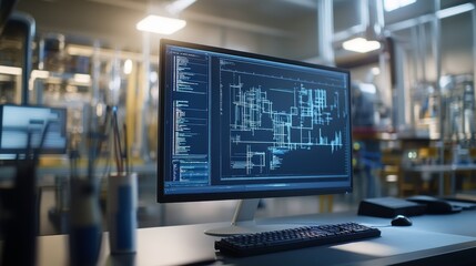 Fototapeta premium Close-up of a computer screen displaying engineering simulations and mathematical models in a tech workspace