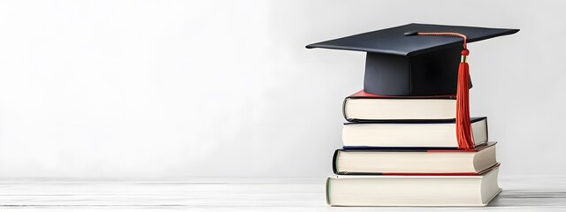 Photo of a graduation cap and books on top, representing education against a white background with copy space