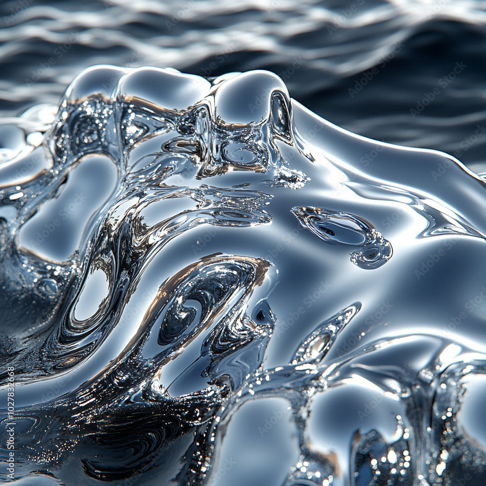 Poster reflective metallic surfaces with hints of electric blue create mesmerizing visual effect, capturing