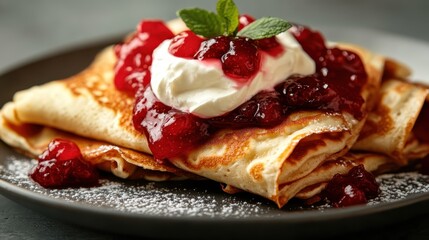 A delightful presentation of crepes, garnished with whipped cream, luscious berry compote, and fresh mint, creating a tempting dessert on a polished plate.