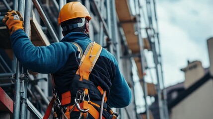 Close-up of a construction workers safety harness and helmet, working from a high scaffold with visible safety barriers