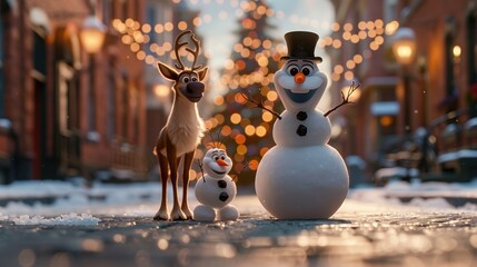 Festive scene with snowman and reindeer