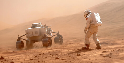 Astronaut explores Martian surface next to a scientific rover during a dusty afternoon mission