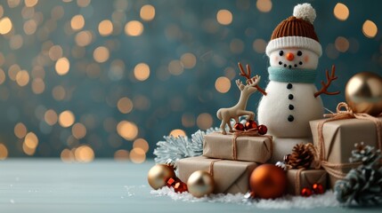 Festive snowman with holiday gifts and decor