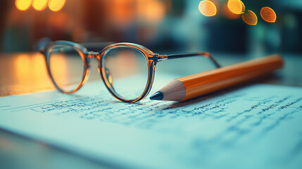Creative Workspace: Pencil, Paper, Glasses, and Smartphone on Wooden Table. Generative AI