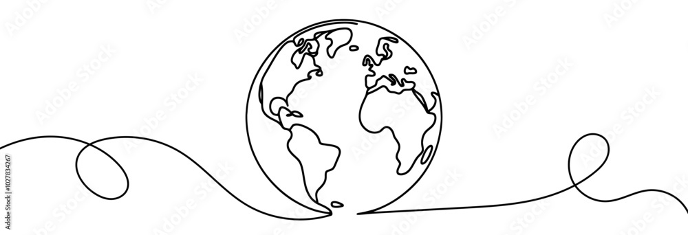 Poster continuous linear drawing of the globe. single-line drawing of the earth. globe in one line style. v