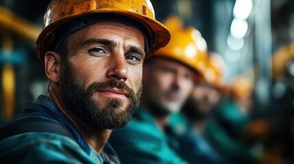 Close-up of a male factory worker in a helmet and green attire, deeply focused amid blurred coworkers, capturing intensity and teamwork in an active environment.