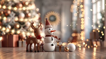 Festive winter scene with snowman and reindeer