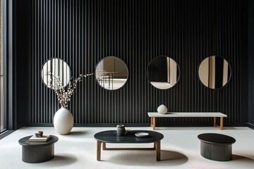 A serene and simple room with black slatted walls, round mirrors, coffee tables, and a vase on a light-colored carpet, in  aspect ratio