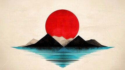 Stylized mountains silhouette with a large red sun reflection on water.