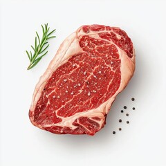 Obraz premium Fresh raw ribeye steak with rosemary and pepper on a white isolated background.