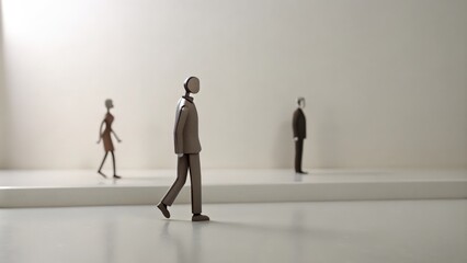 Fototapeta premium Three Wooden Figurines Walking on a White Surface