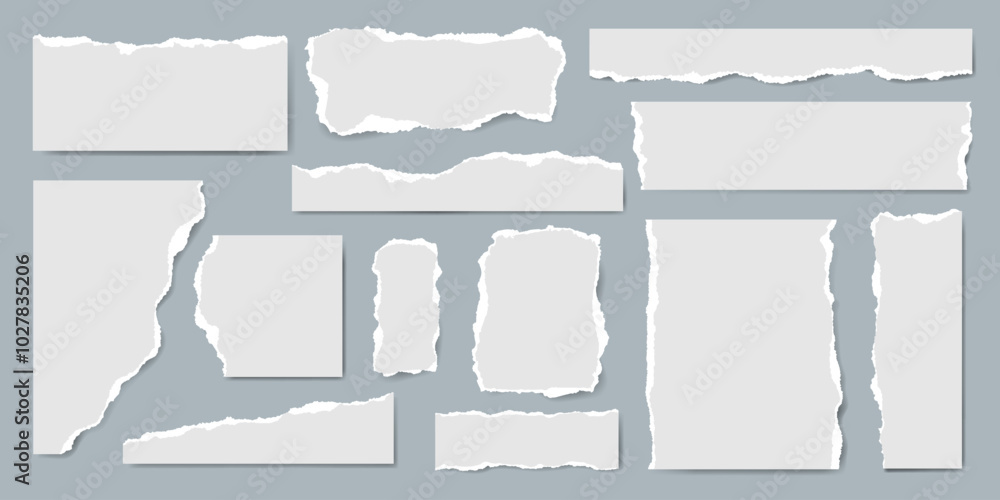 Poster white torn paper pieces set. paper sheet with ripped edges. empty highlight frame. abstract scraps s