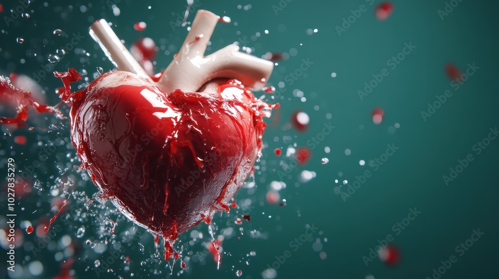 Poster a heart seemingly immersed in a vibrant red liquid is captured in mid-explosion, with droplets and s