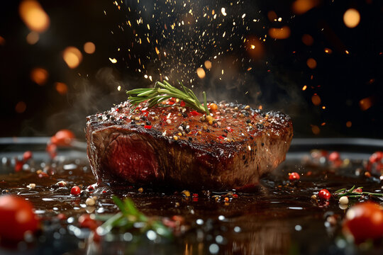 piece of meat with a lot of pepper on it. The pepper is falling off the meat and onto the plate
