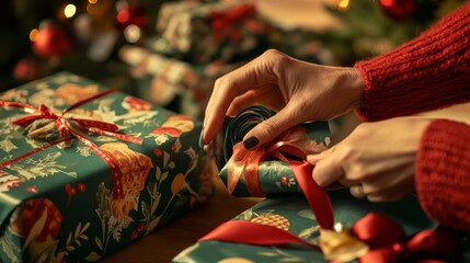 Fototapeta premium Close-up of hands wrapping Christmas gifts with festive paper and ribbons