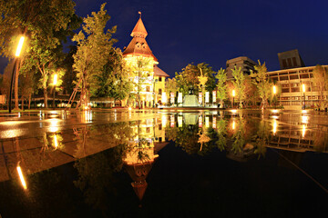 Reflection after rain of Thammasat University Famous university in Bangkok Province, Thailand 