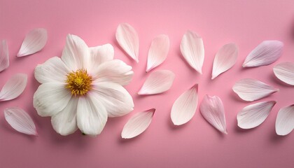 Fototapeta premium creative composition of white flower with petals on pink background flowerscape flat lay