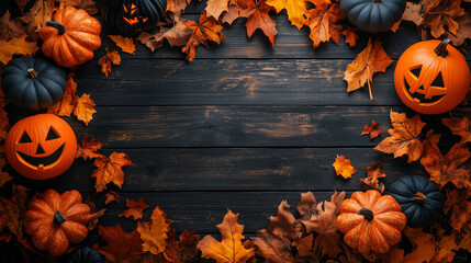 Autumn pumpkins and colorful leaves arranged beautifully on a wooden surface for Halloween festivities in October