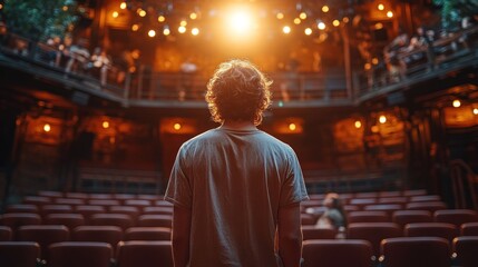 Obraz premium A lone individual stands in an old theater, staring up at the brightly lit stage where performers would soon captivate the audience. The atmosphere is filled with anticipation and warmth